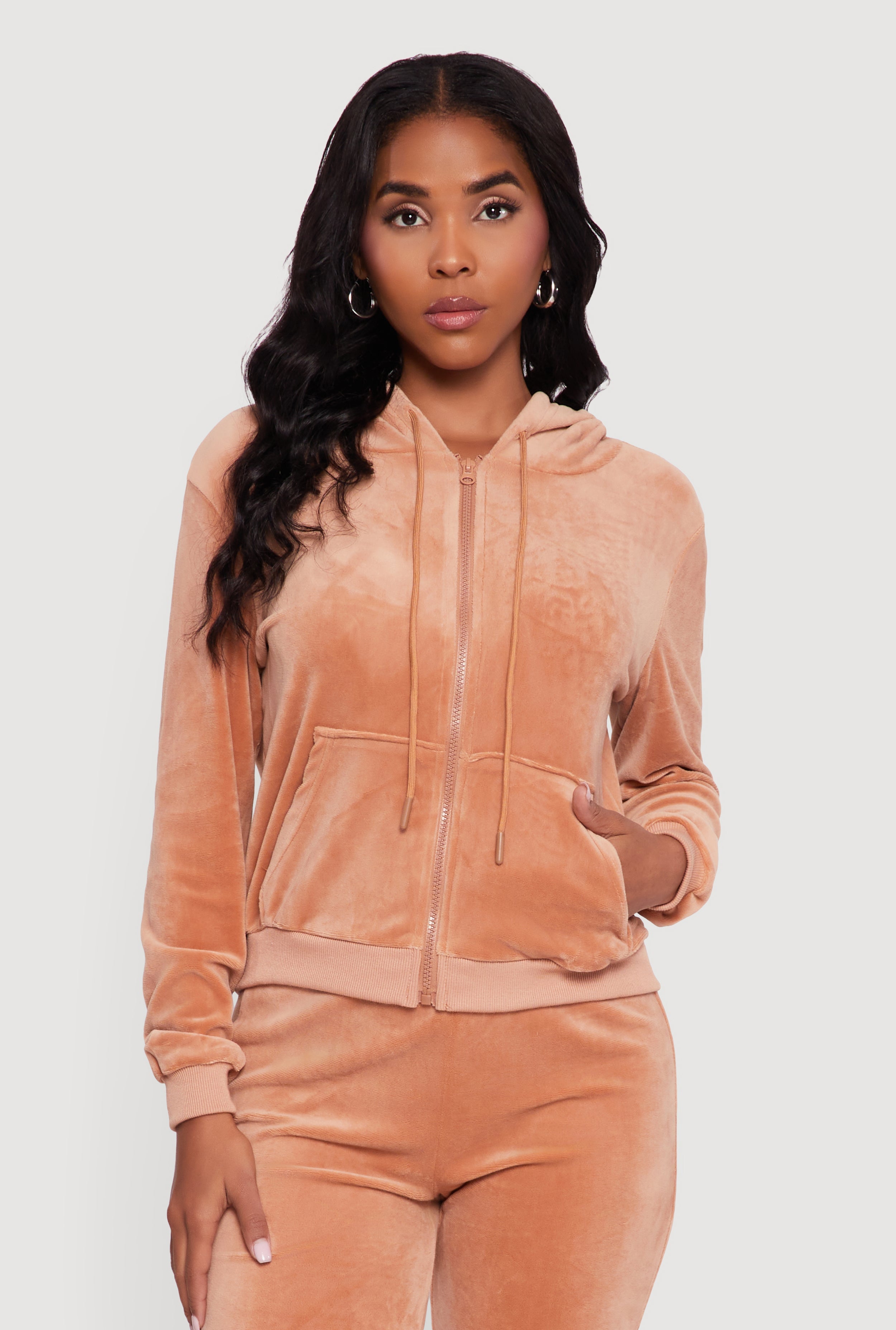 Velour Zip Front Drawstring Hoodie