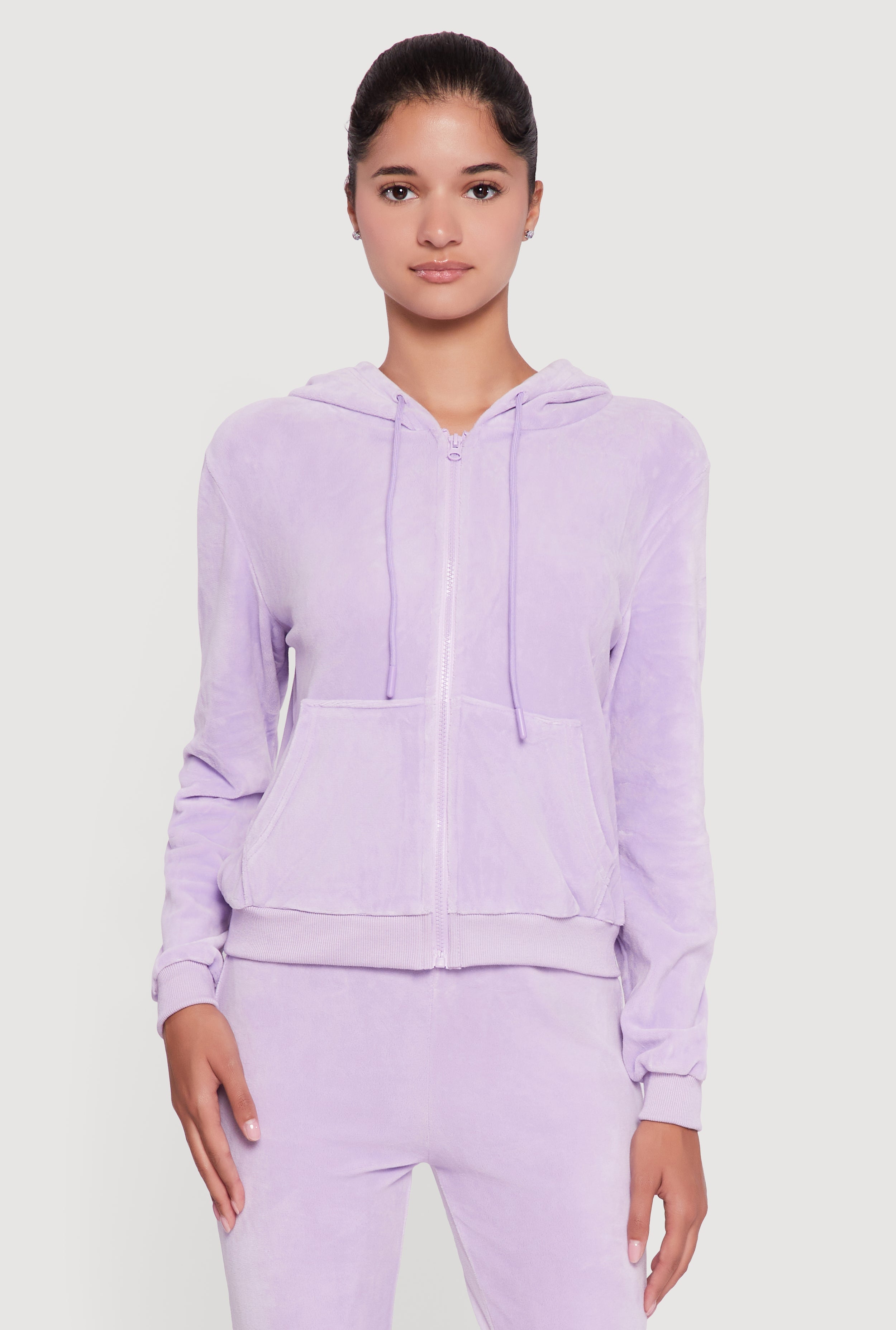 Velour Zip Front Drawstring Hoodie