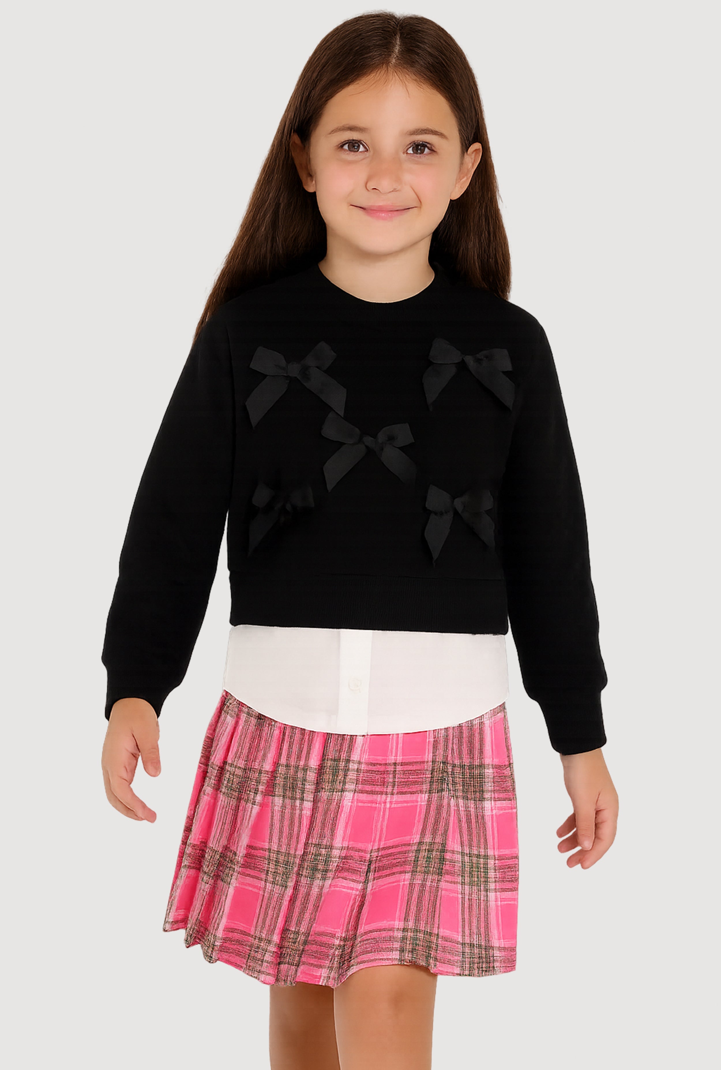 Little Girls Bows Layered Look Sweatshirt and Plaid Pleated Skirt
