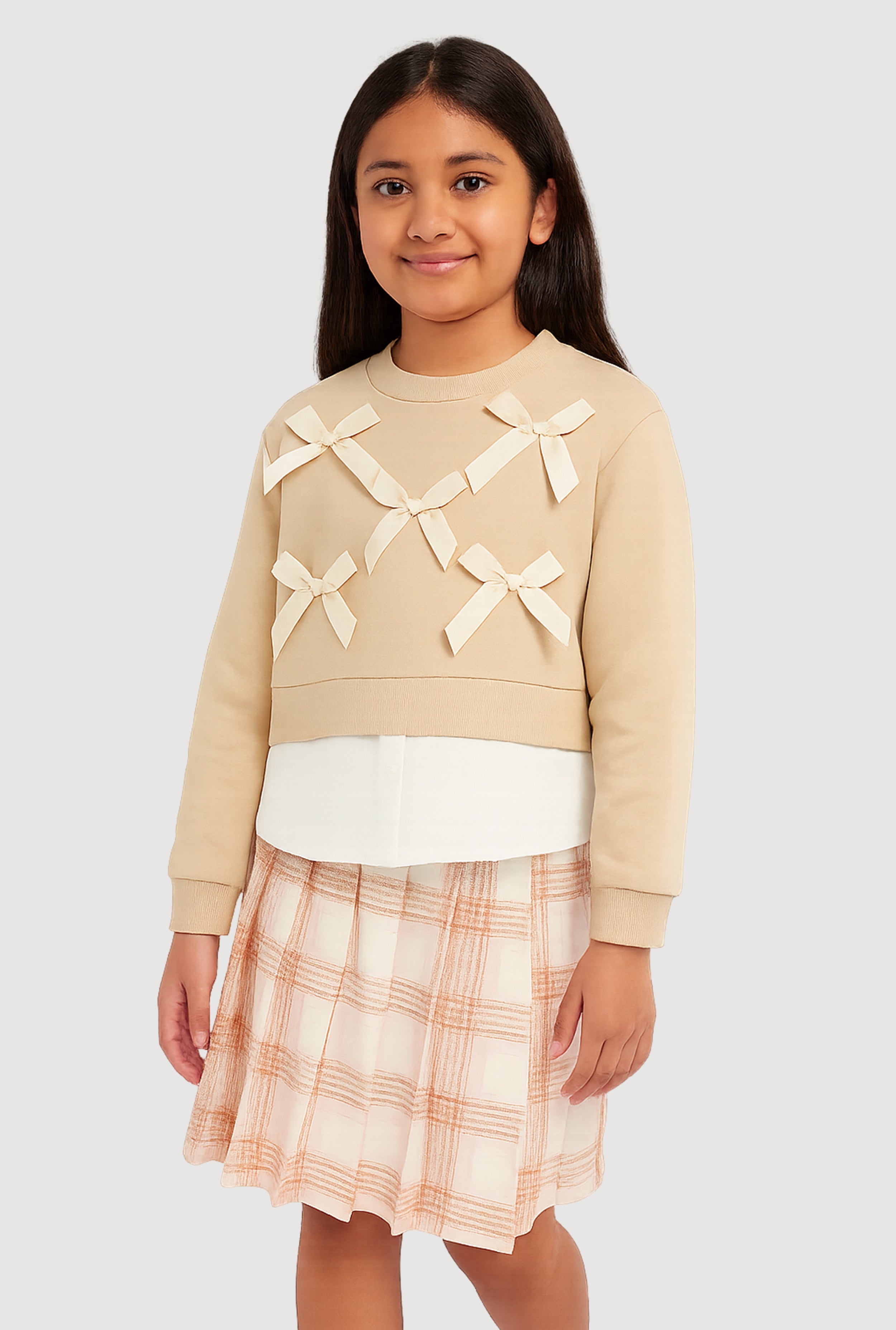 Little Girls Bows Layered Look Sweatshirt and Plaid Pleated Skirt