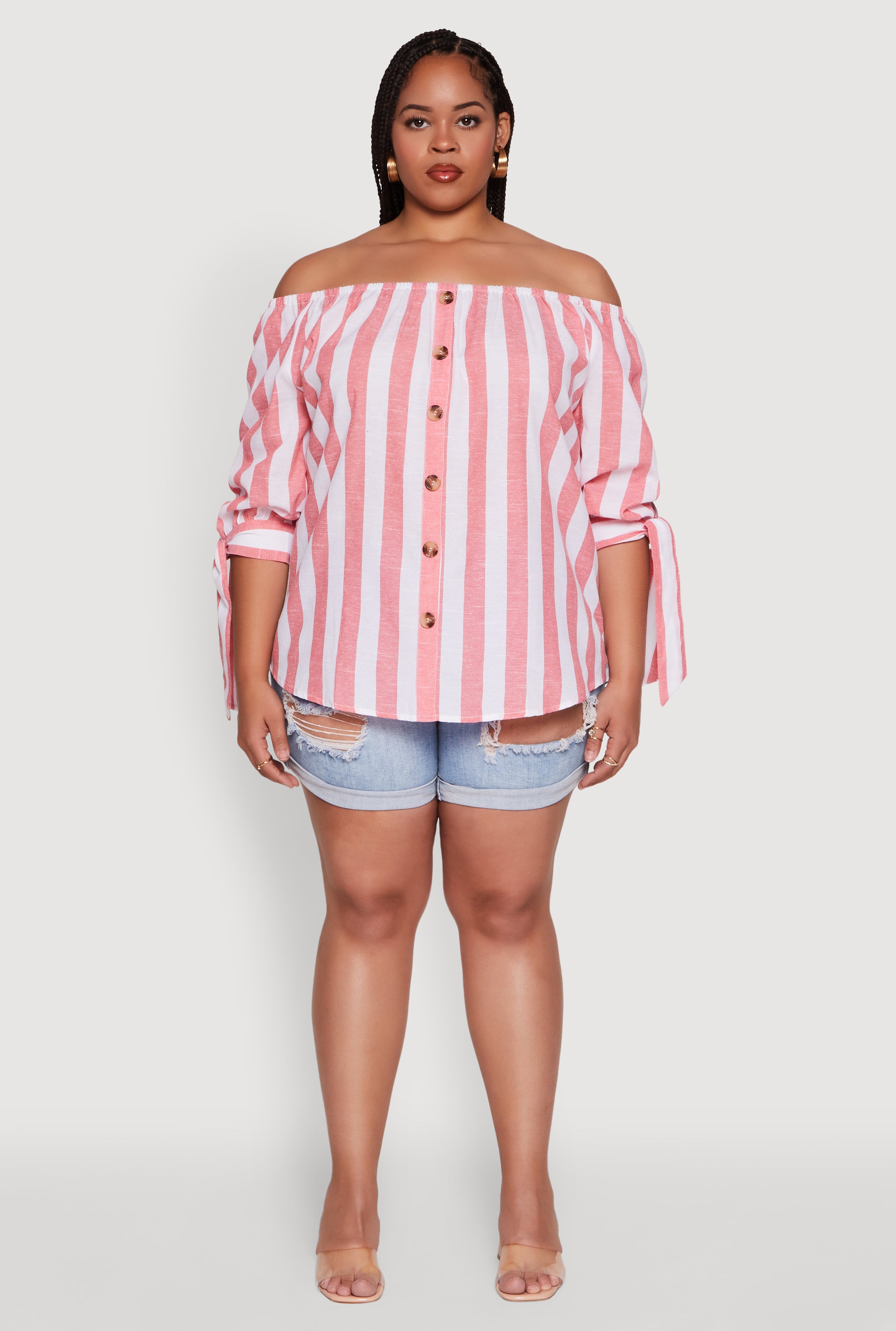 Plus Size Chic Off Shoulder Striped Blouse