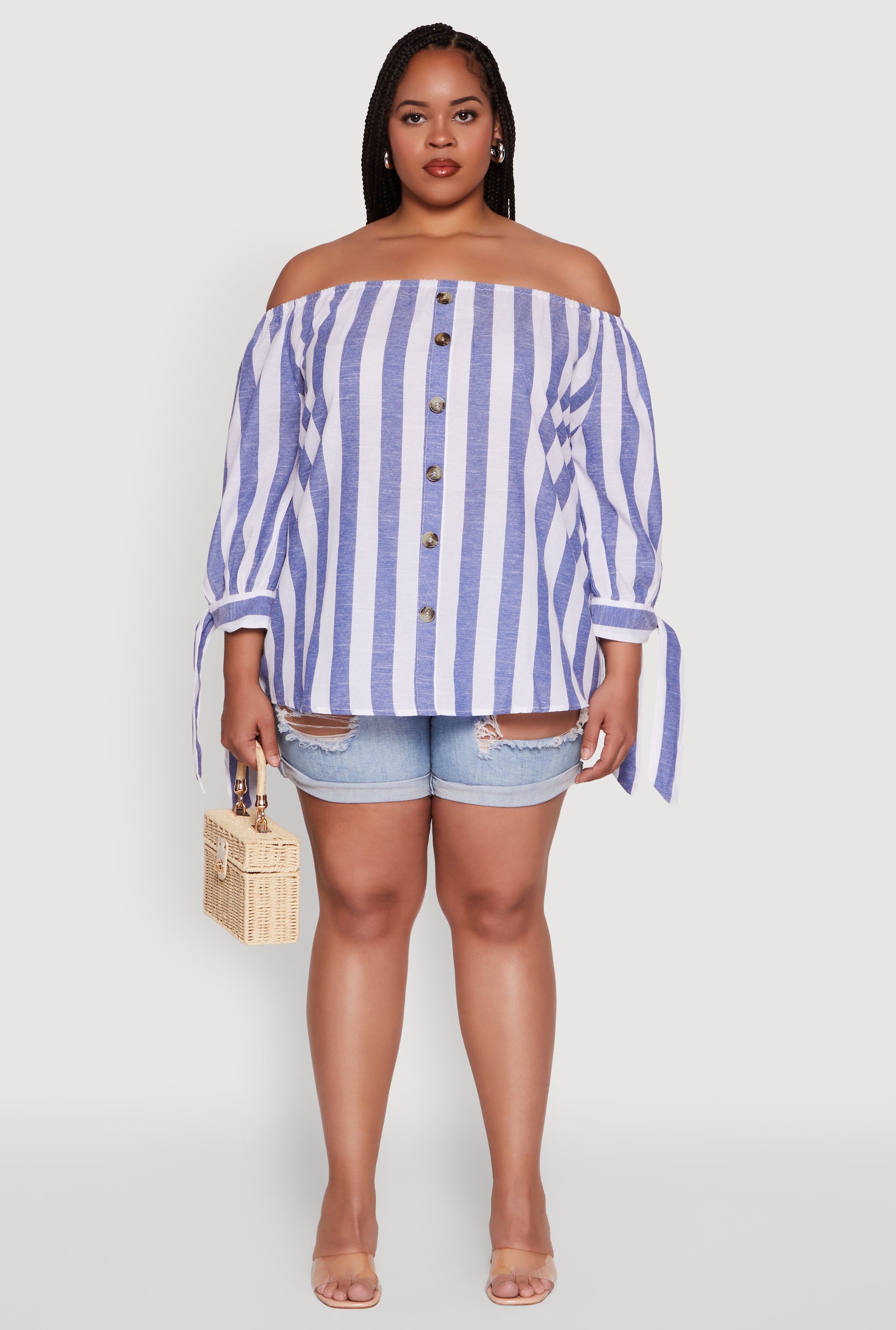 Plus Size Chic Off Shoulder Striped Blouse