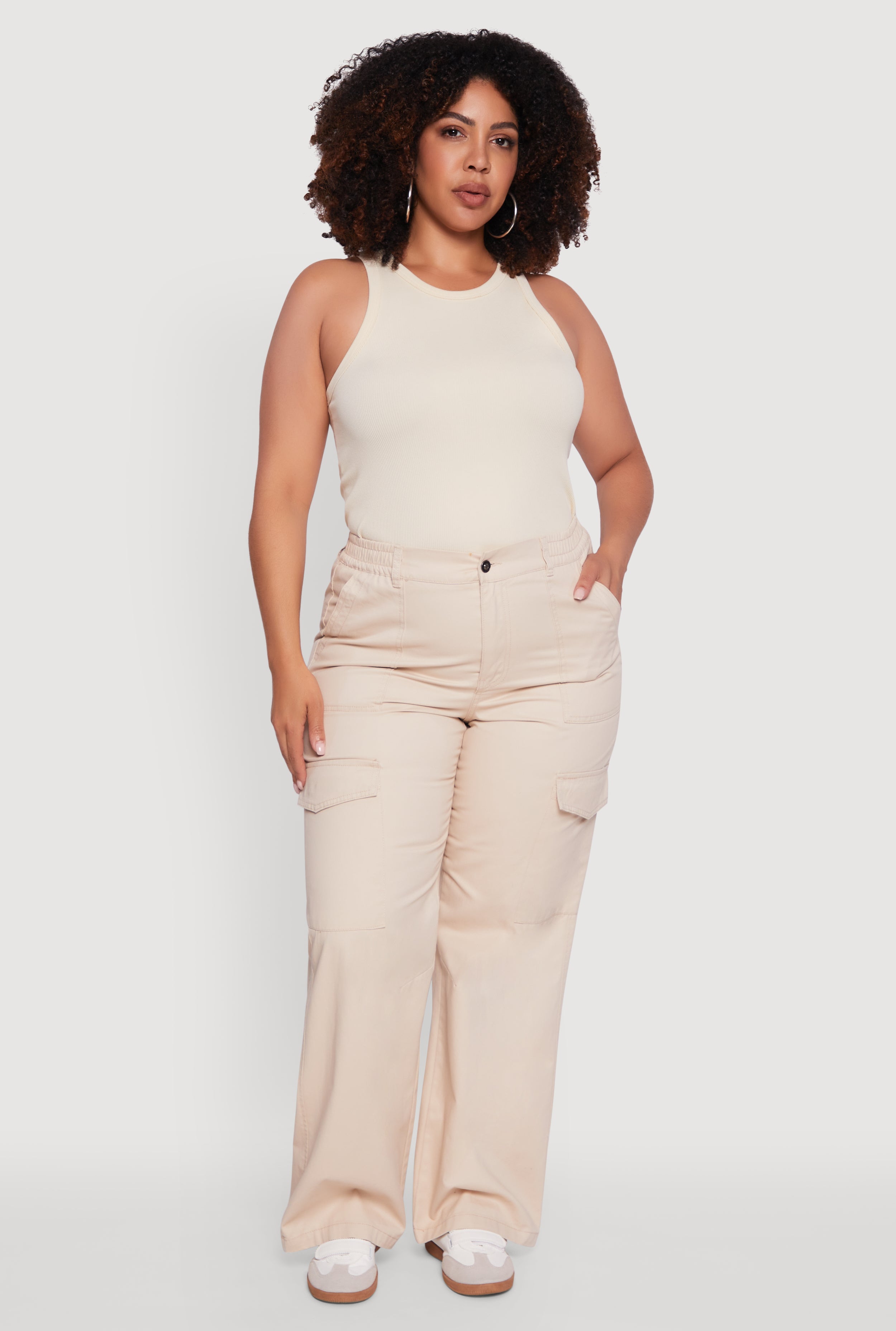 Plus Size High Waisted Twill Wide Leg Cargo Pants