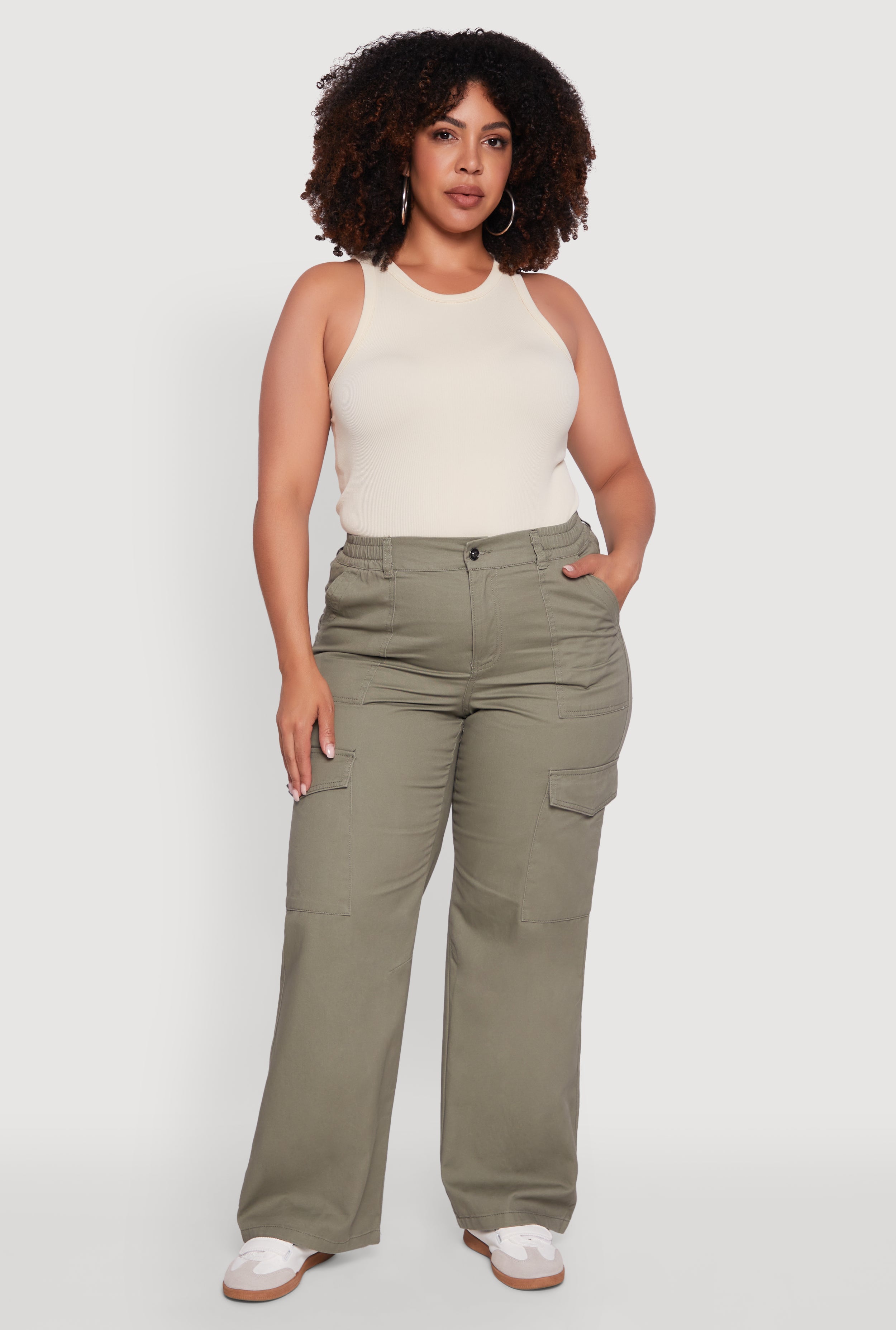 Plus Size High Waisted Twill Wide Leg Cargo Pants