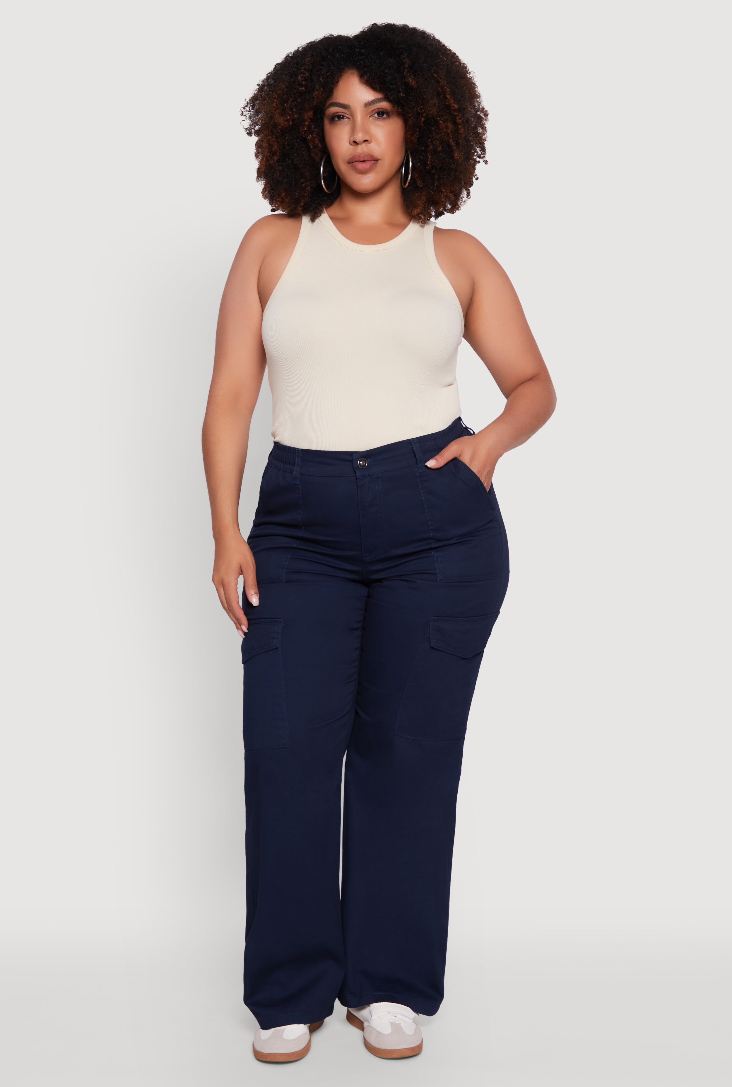 Plus Size High Waisted Twill Wide Leg Cargo Pants