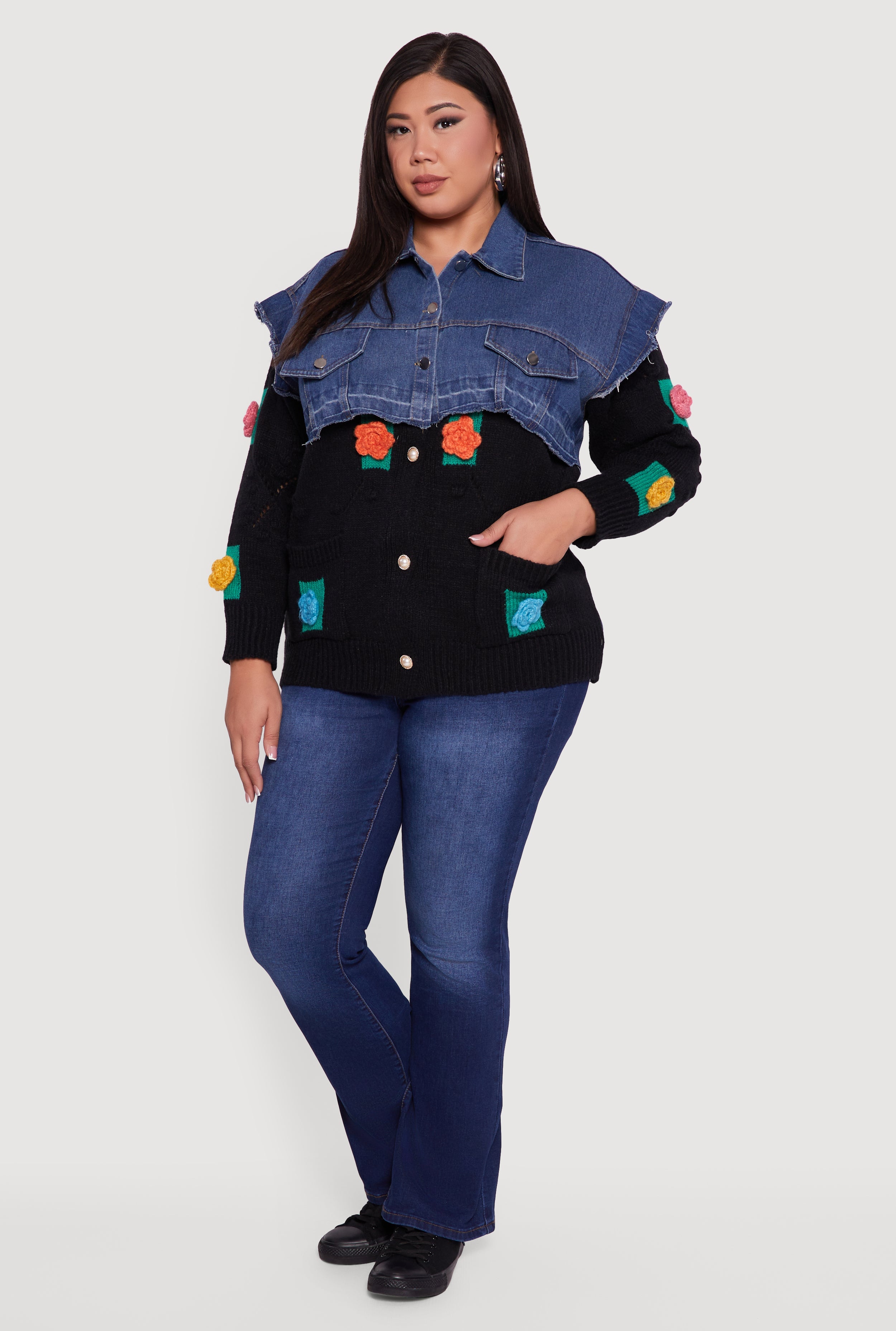 Plus Size Crochet Flower Layered Sweater Denim Jacket