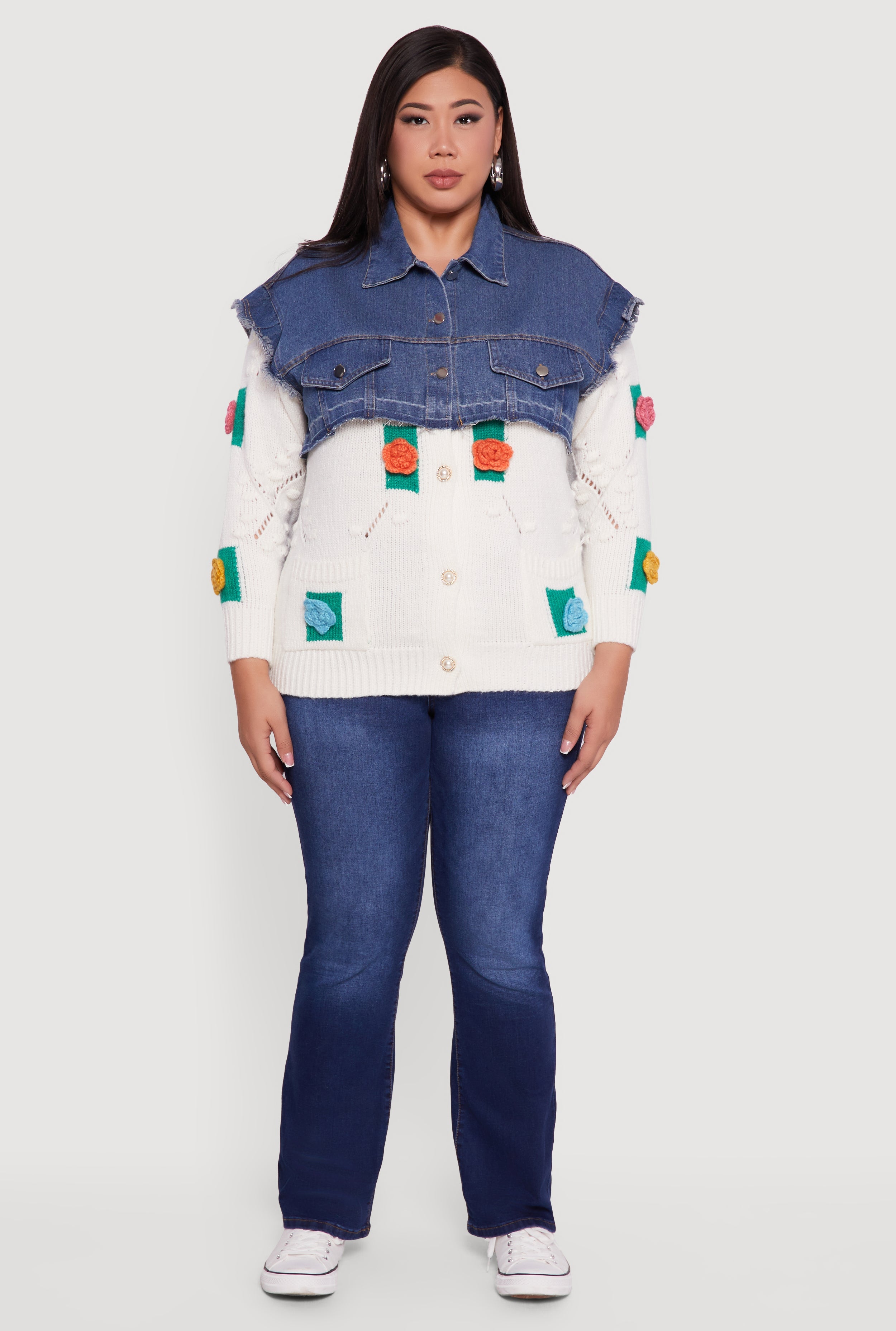 Plus Size Crochet Flower Layered Sweater Denim Jacket