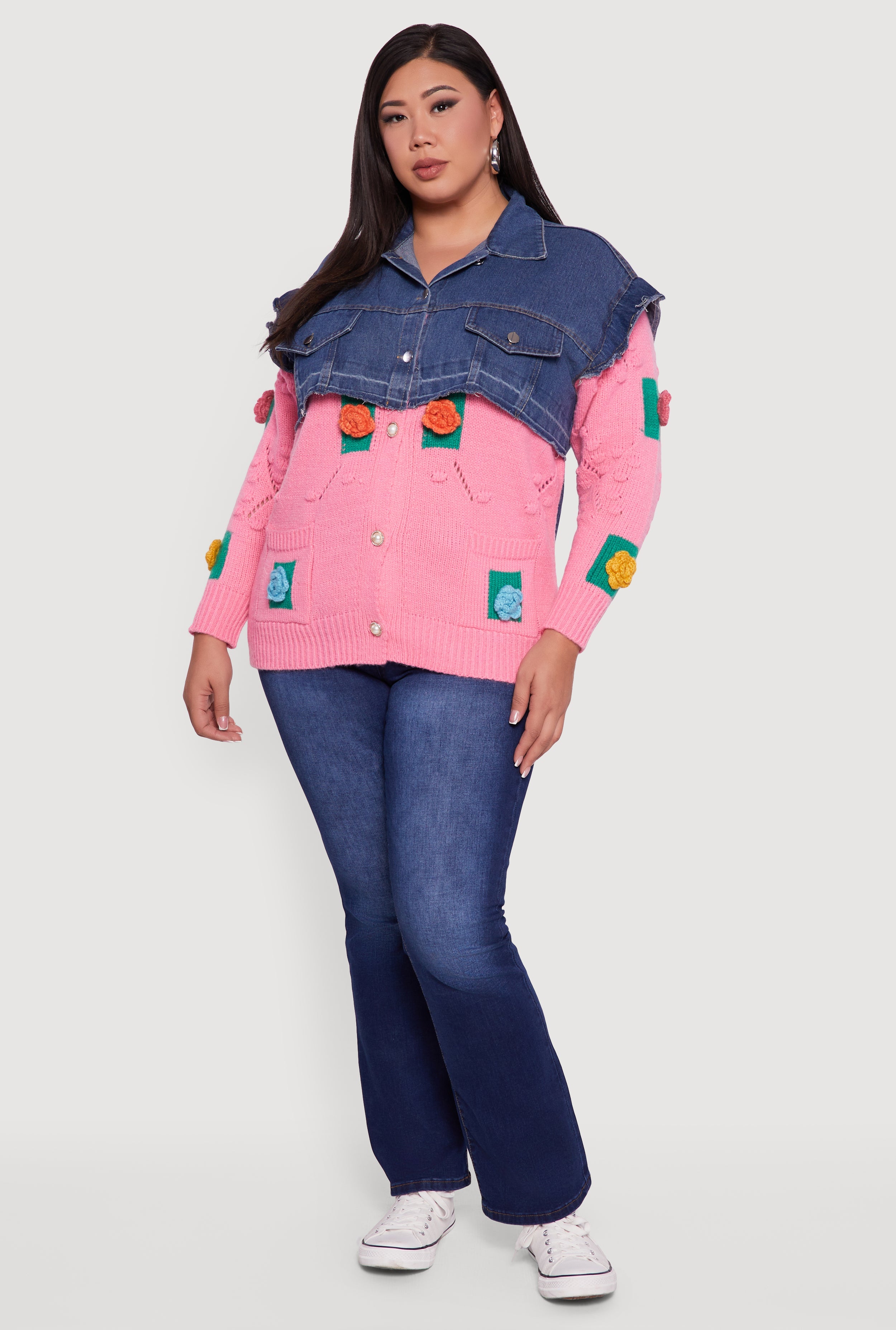 Plus Size Crochet Flower Layered Sweater Denim Jacket