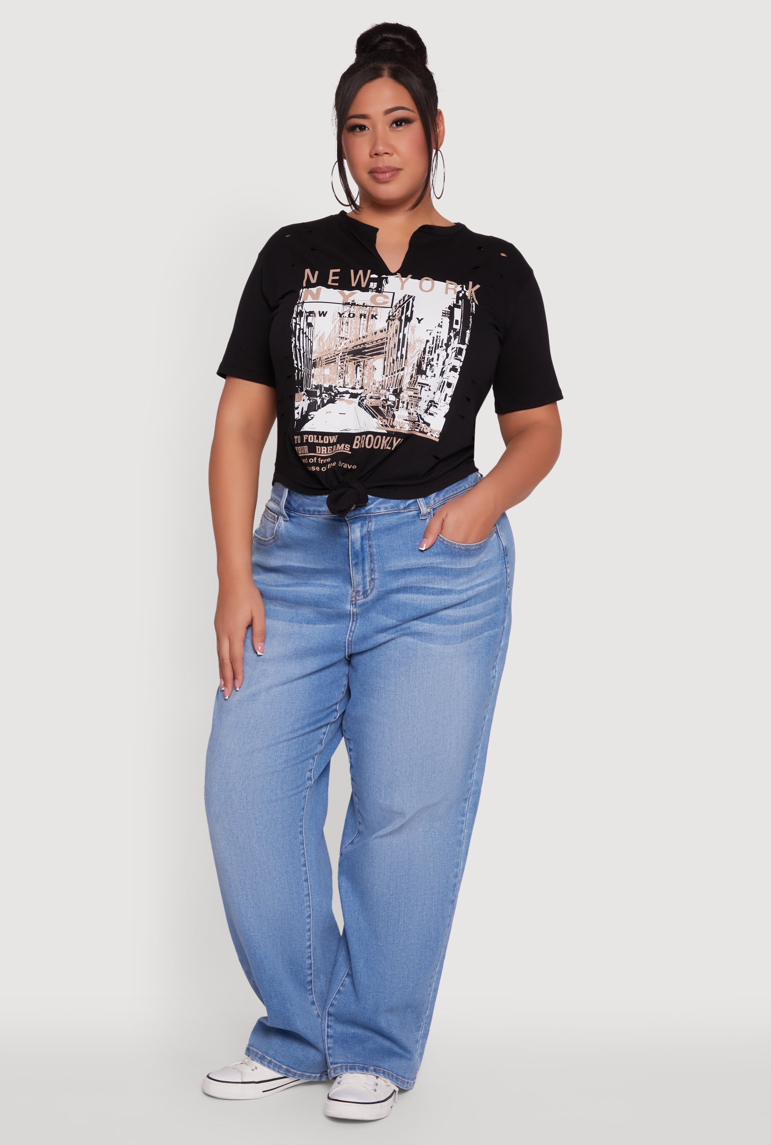 Plus Size NYC Graphic Print Knot Front T-Shirt