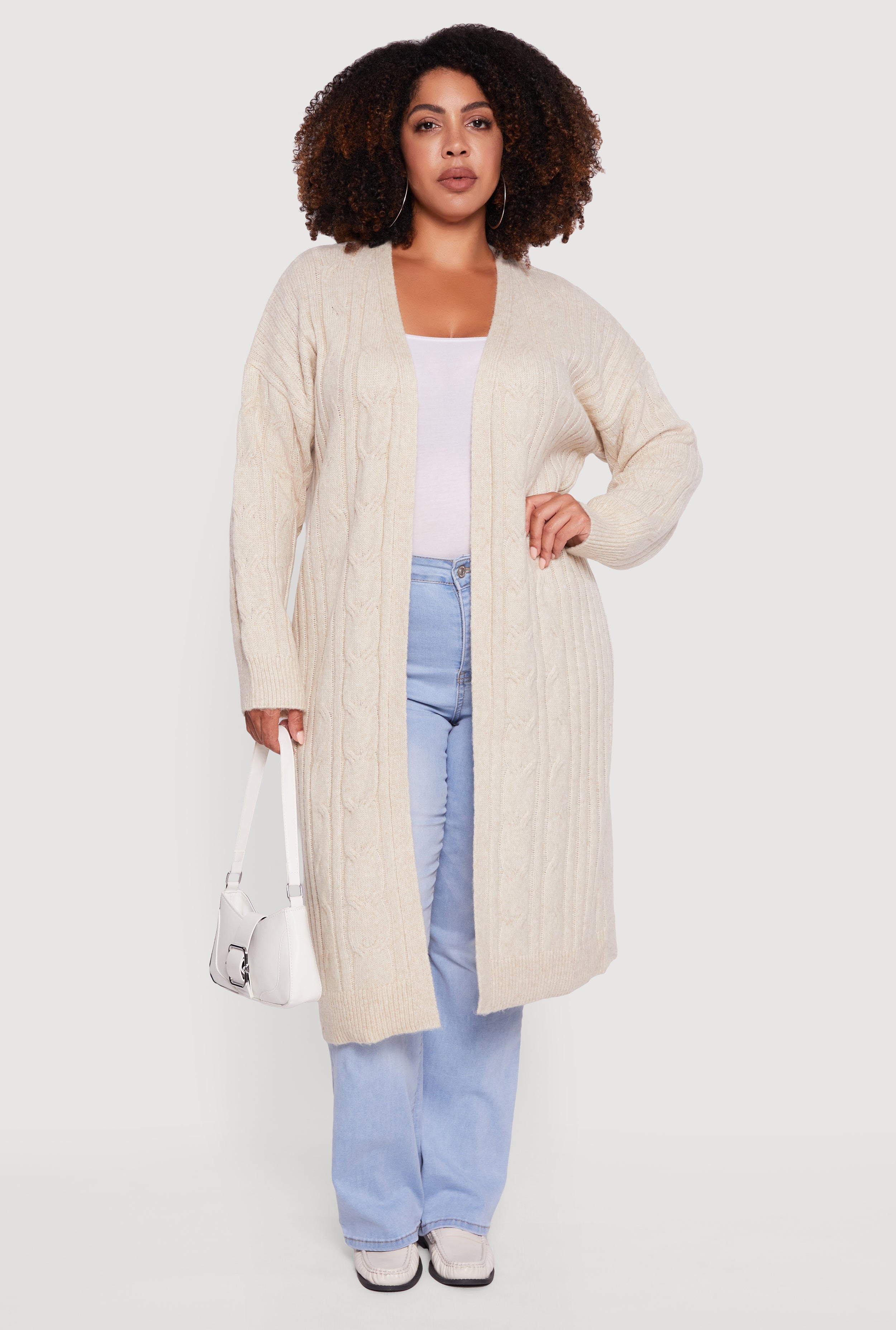 Plus Size Cable Knit Open Front Long Cardigan