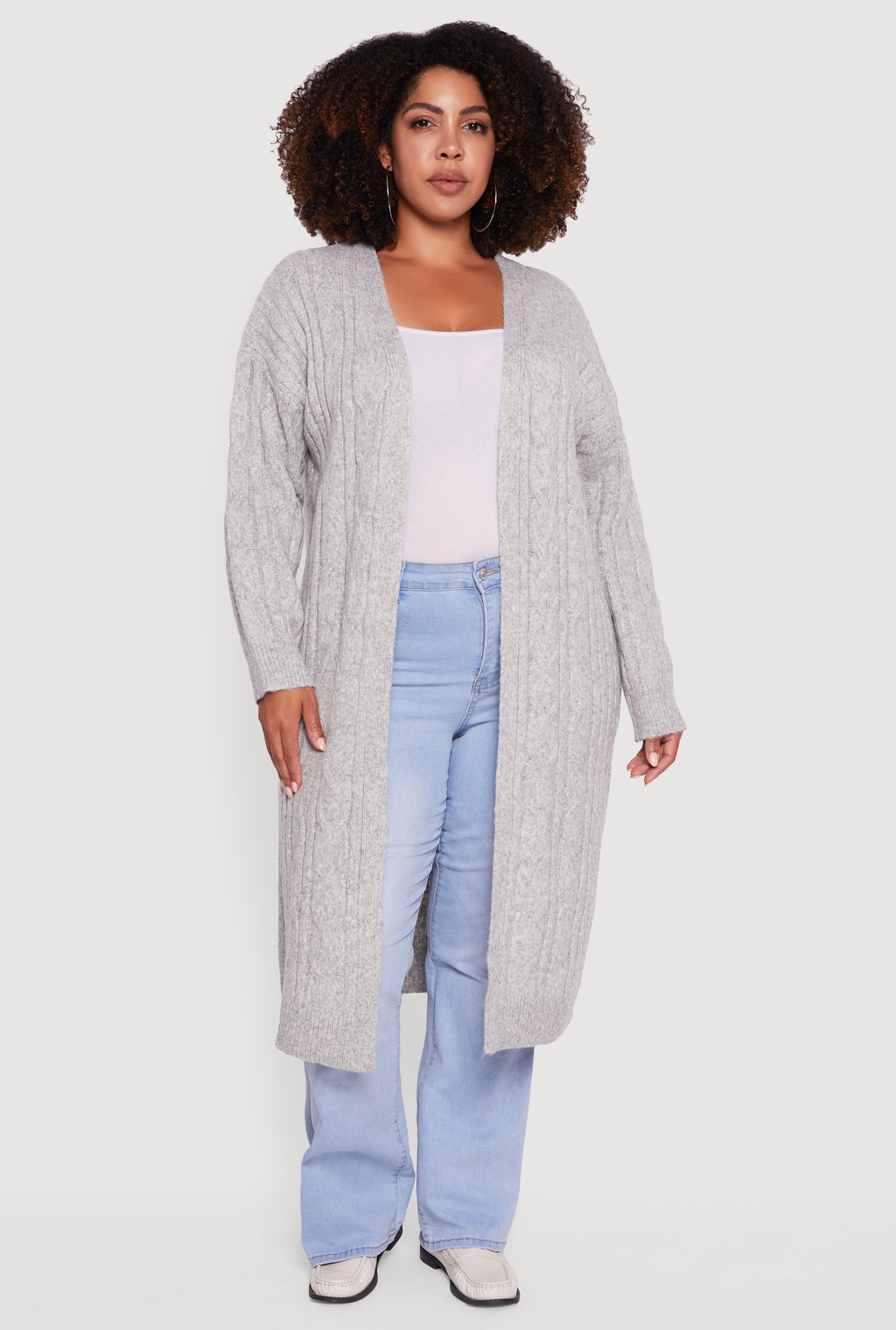 Plus Size Cable Knit Open Front Long Cardigan
