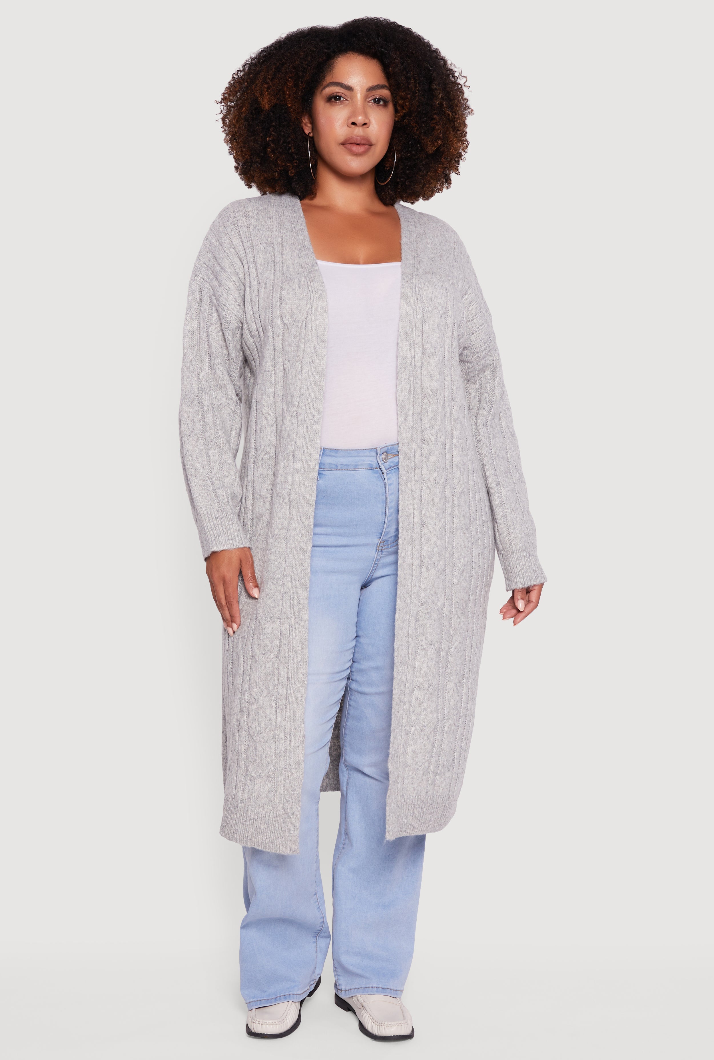 Plus Size Cable Knit Open Front Long Cardigan
