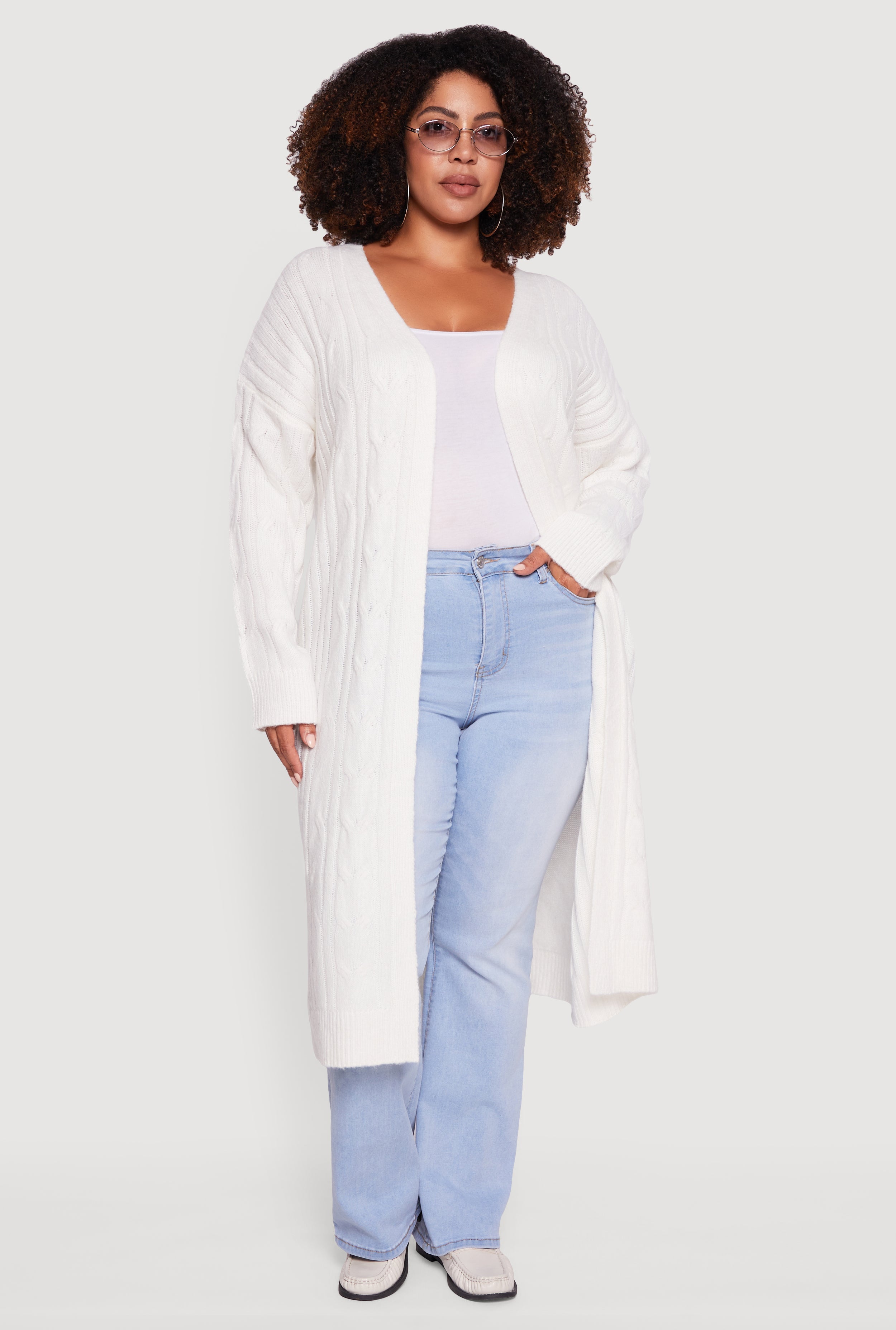 Plus Size Cable Knit Open Front Long Cardigan