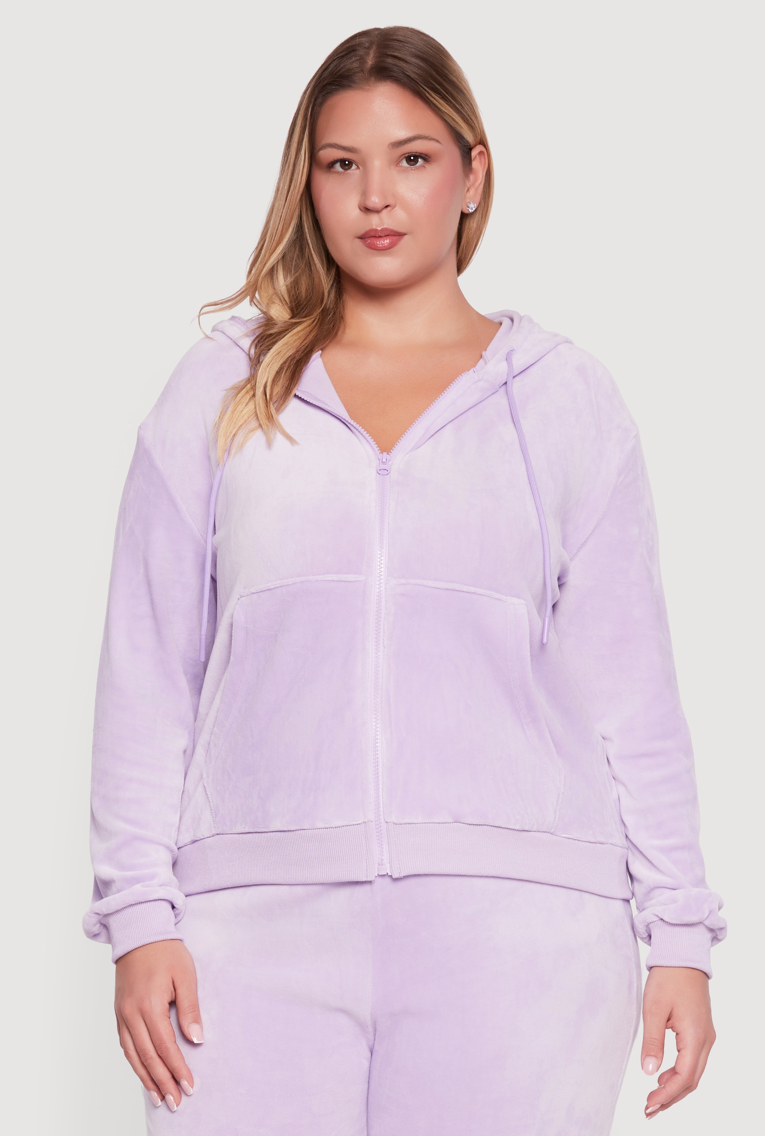 Plus Size Velour Zip Front Hooded Sweatshirt