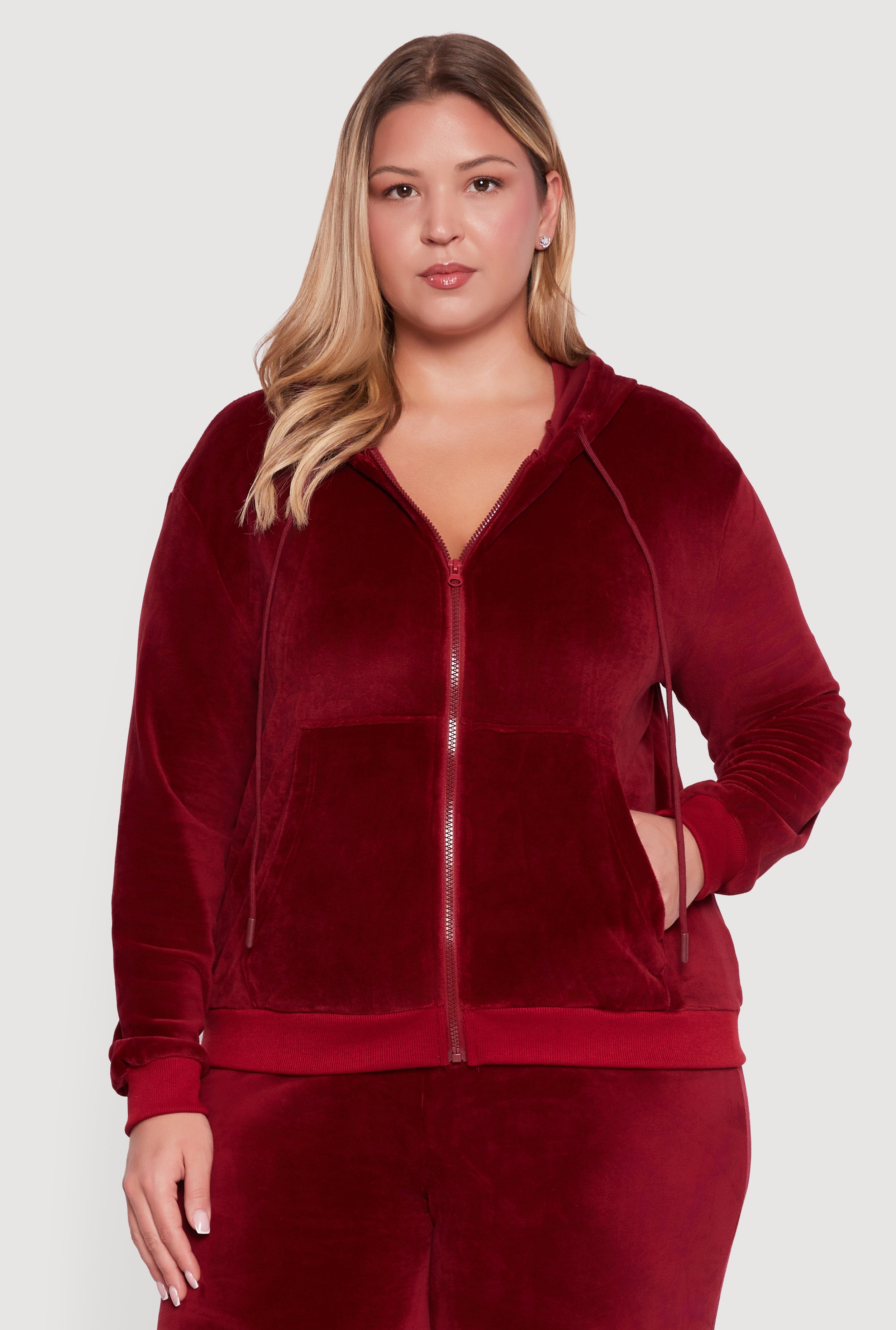 Plus Size Velour Zip Front Hooded Sweatshirt