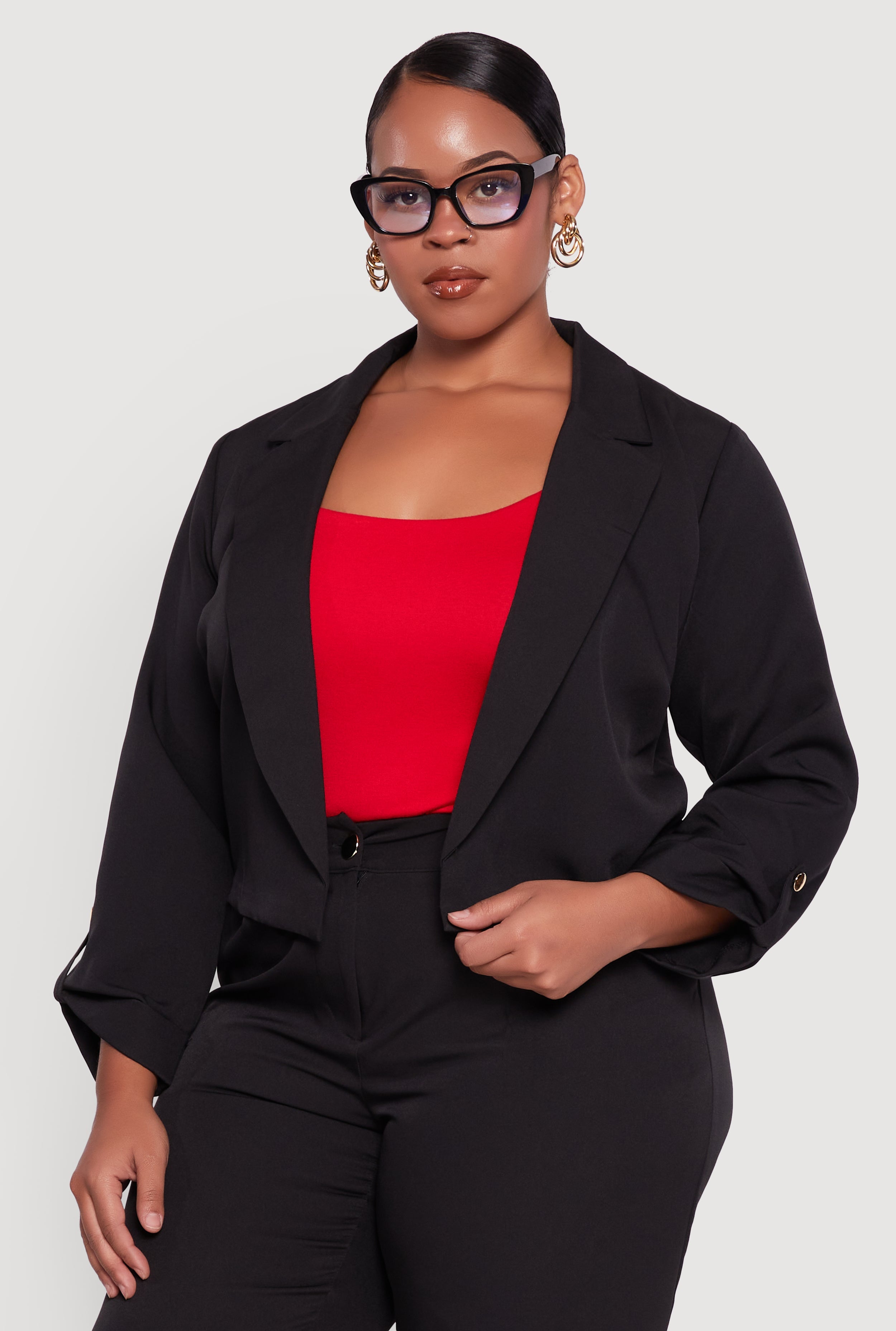 Plus Size Crepe Knit Cropped Long Sleeve Collared Blazer