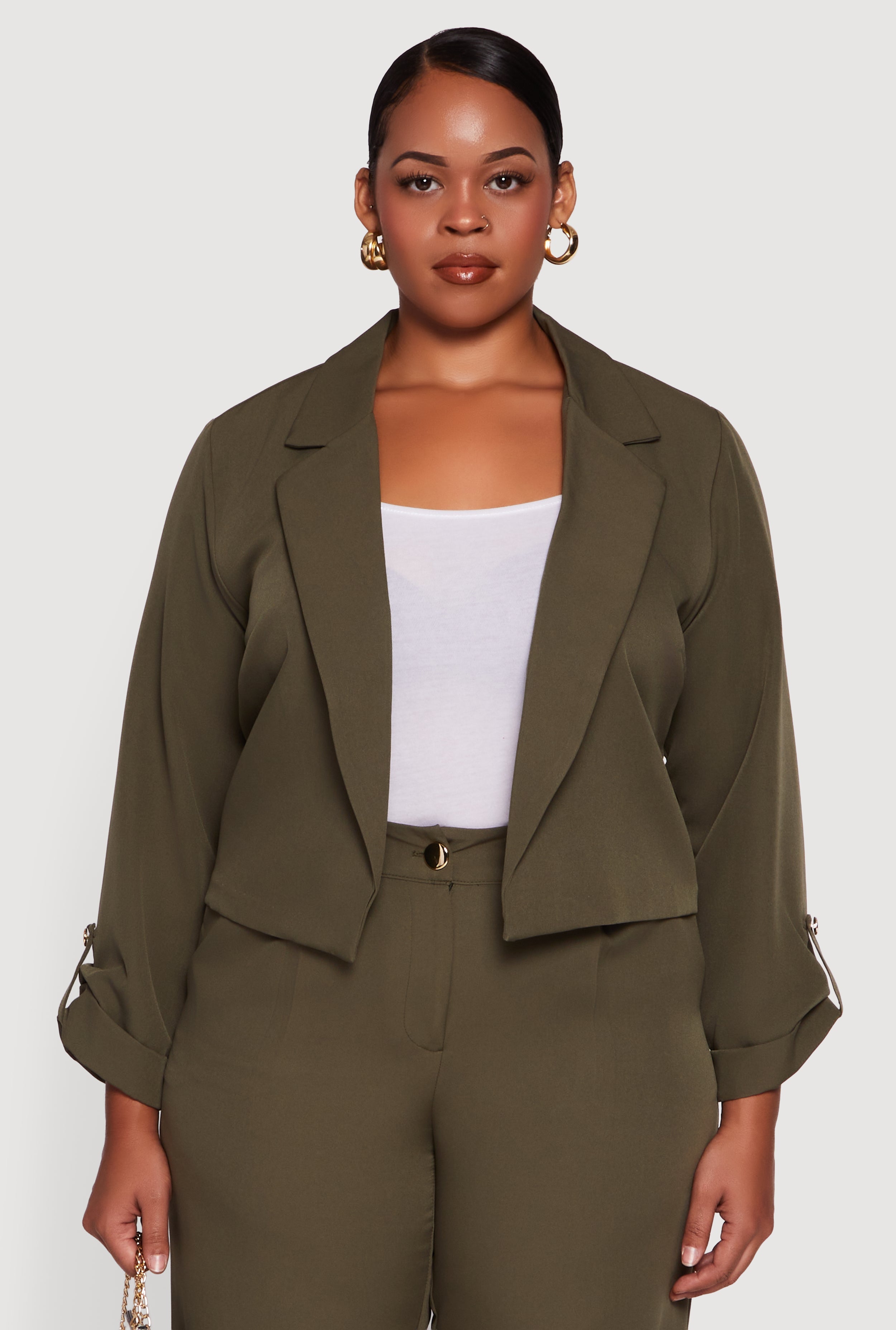 Plus Size Crepe Knit Cropped Long Sleeve Collared Blazer
