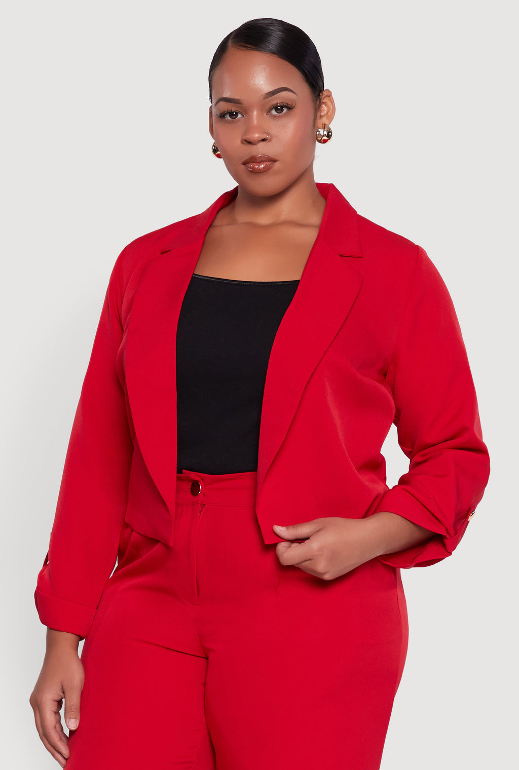 Plus Size Crepe Knit Cropped Long Sleeve Collared Blazer