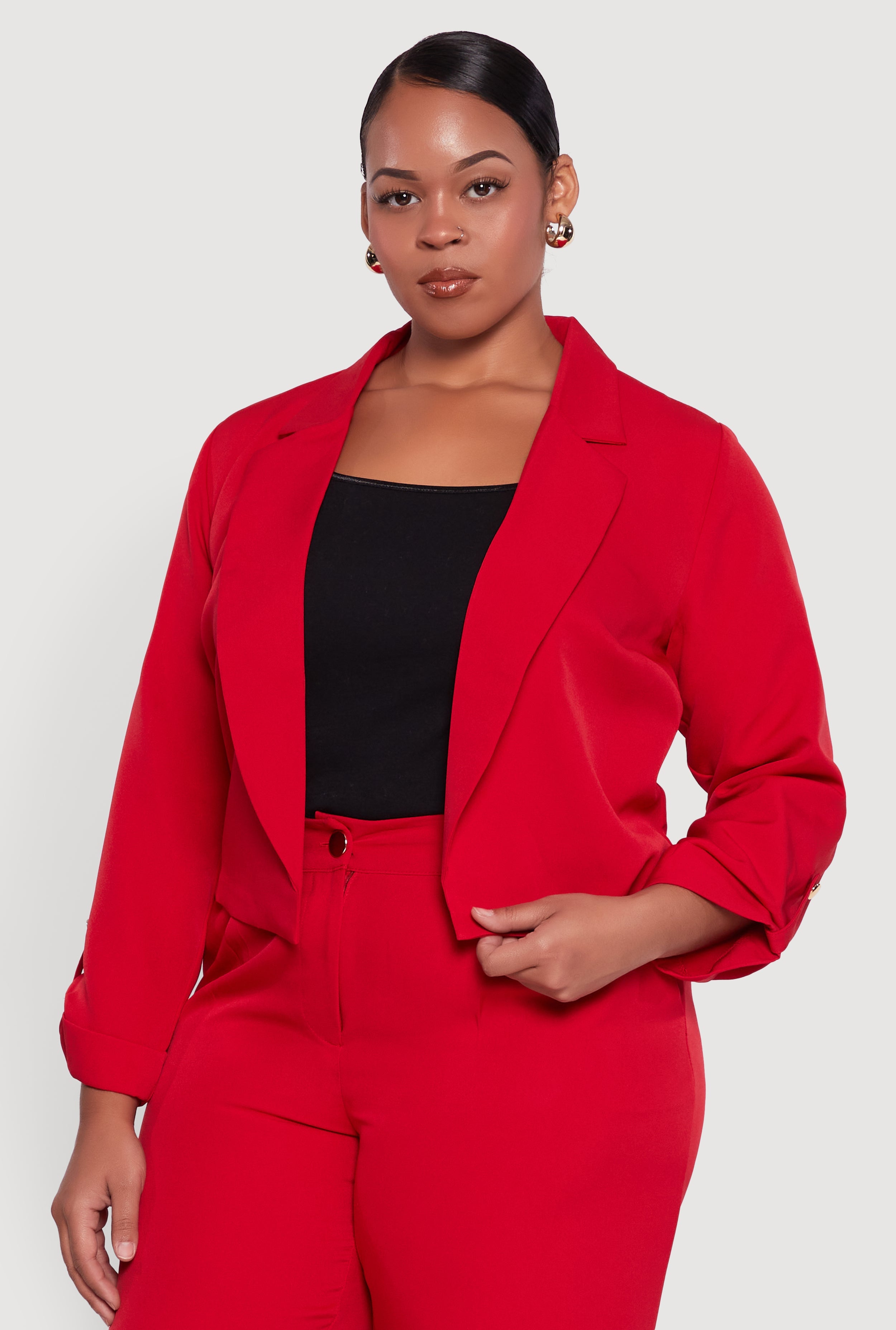 Plus Size Crepe Knit Cropped Long Sleeve Collared Blazer