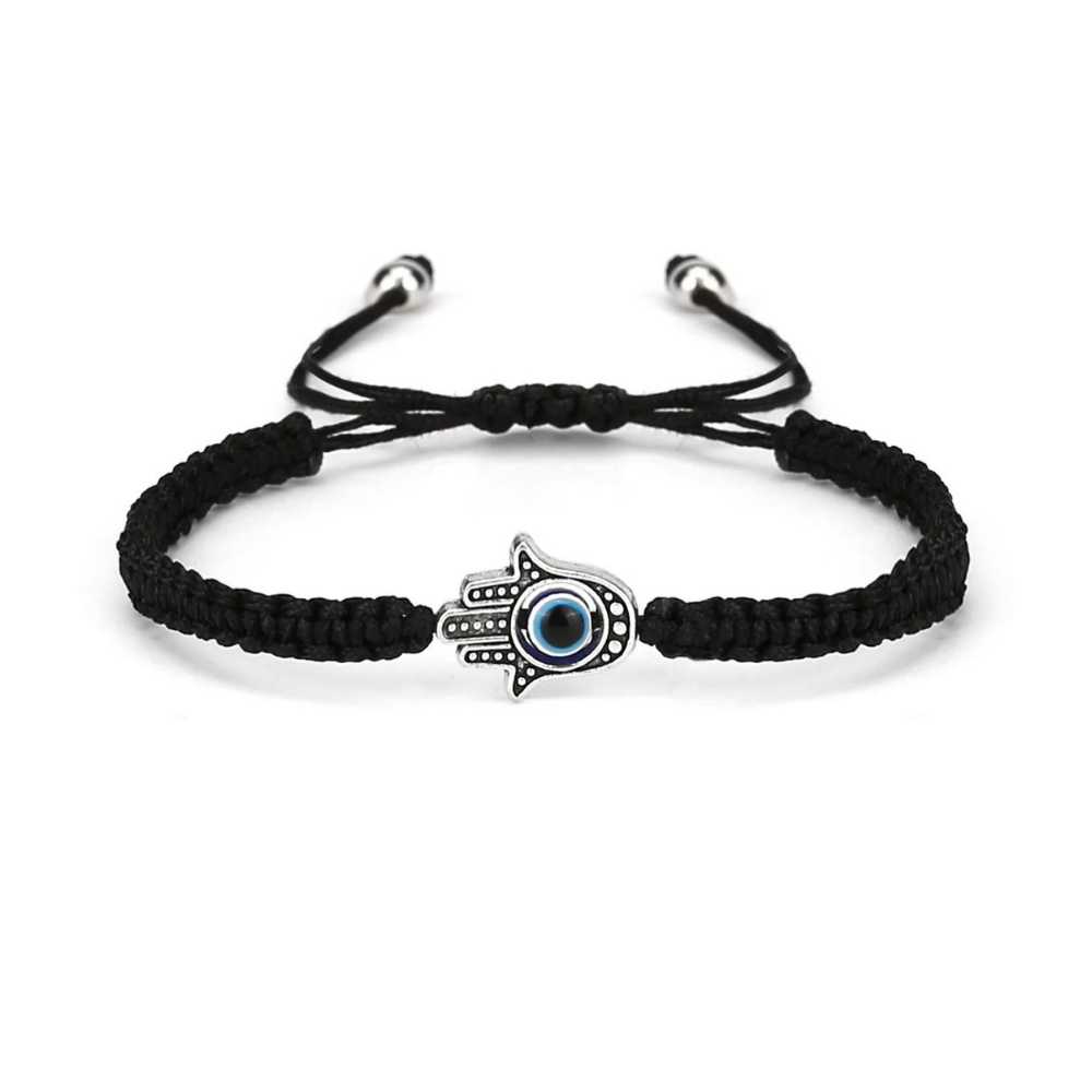Black and Red Woven Hamsa Bracelet with an Evil Eye inside the Hamsa
