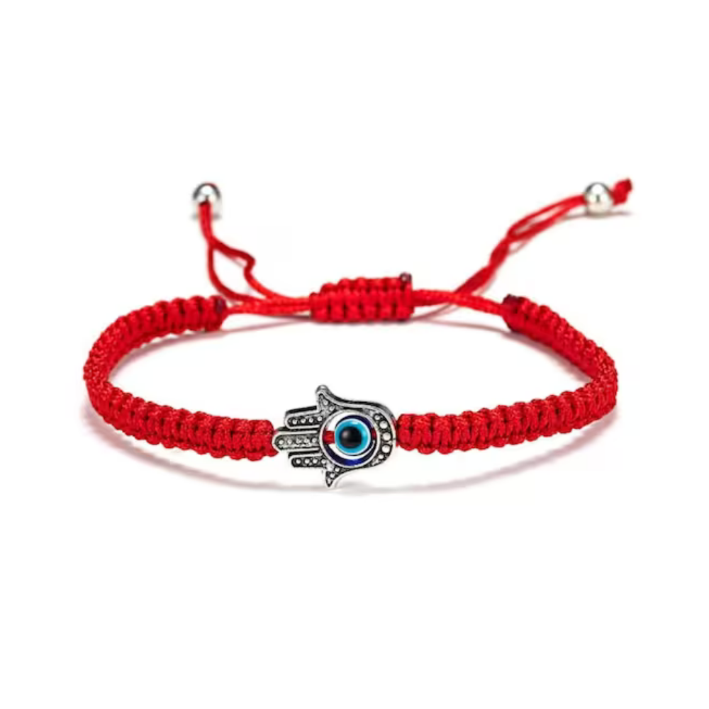 Black and Red Woven Hamsa Bracelet with an Evil Eye inside the Hamsa